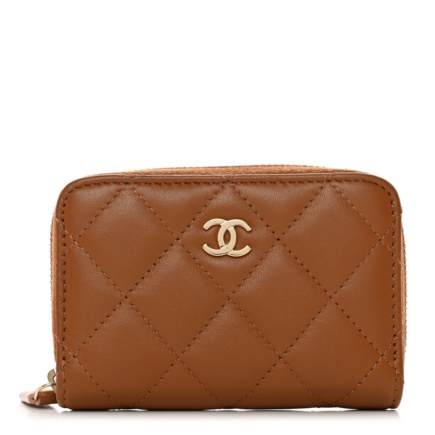 Chanel Lambskin Quilted Zip Around Coin Purse Wallet Brown
