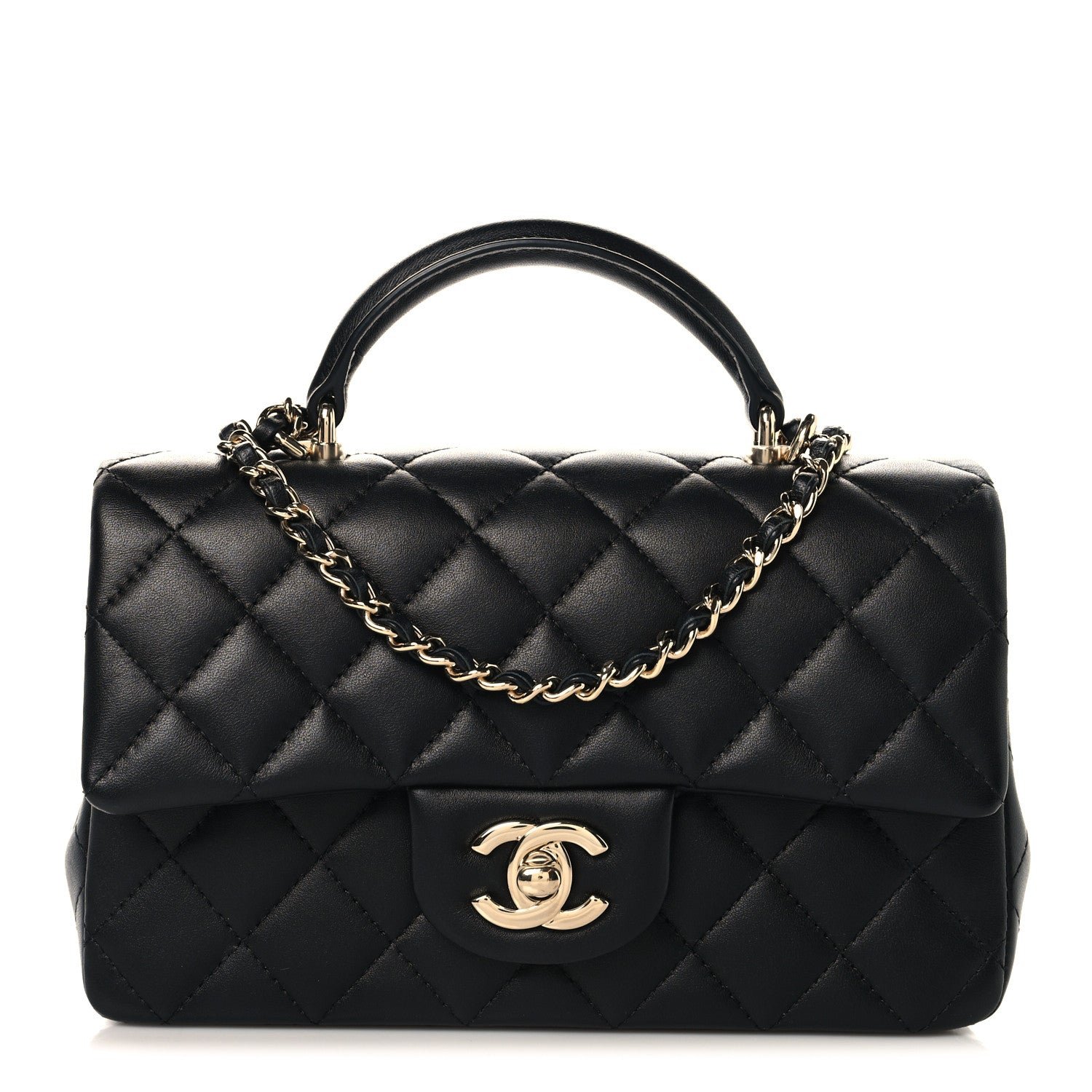 Chanel Lambskin Quilted Mini Top Handle Rectangular Flap Black