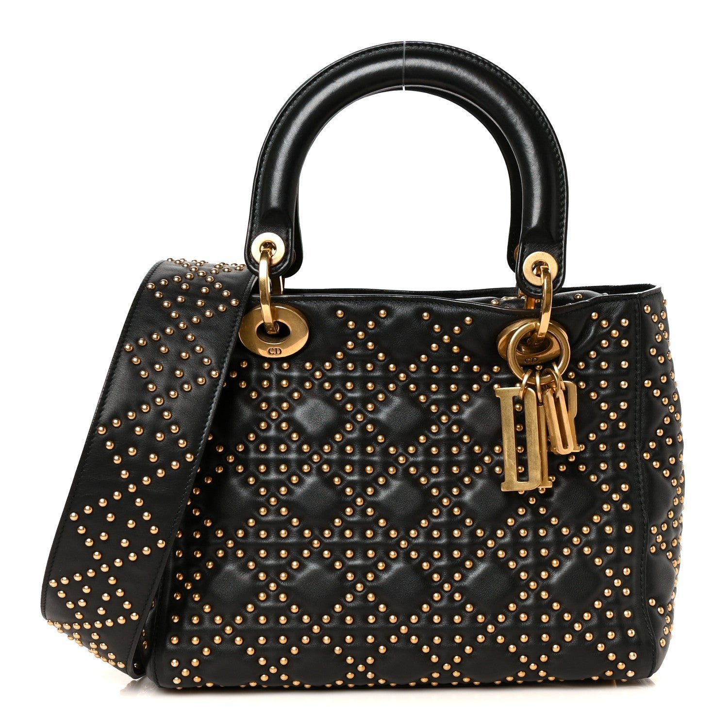 Christian Dior Calfskin Cannage Studded Medium Supple Lady Dior Black