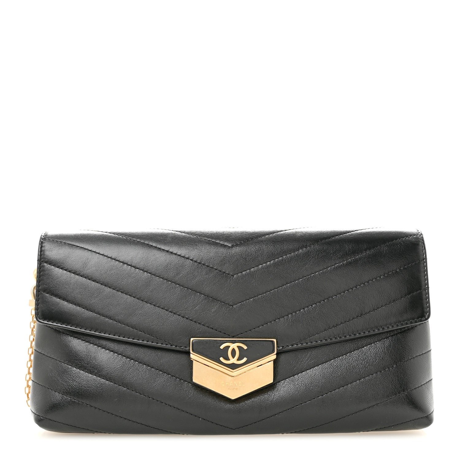 Chanel Calfskin Chevron Quilted Medal Flap Clutch Black