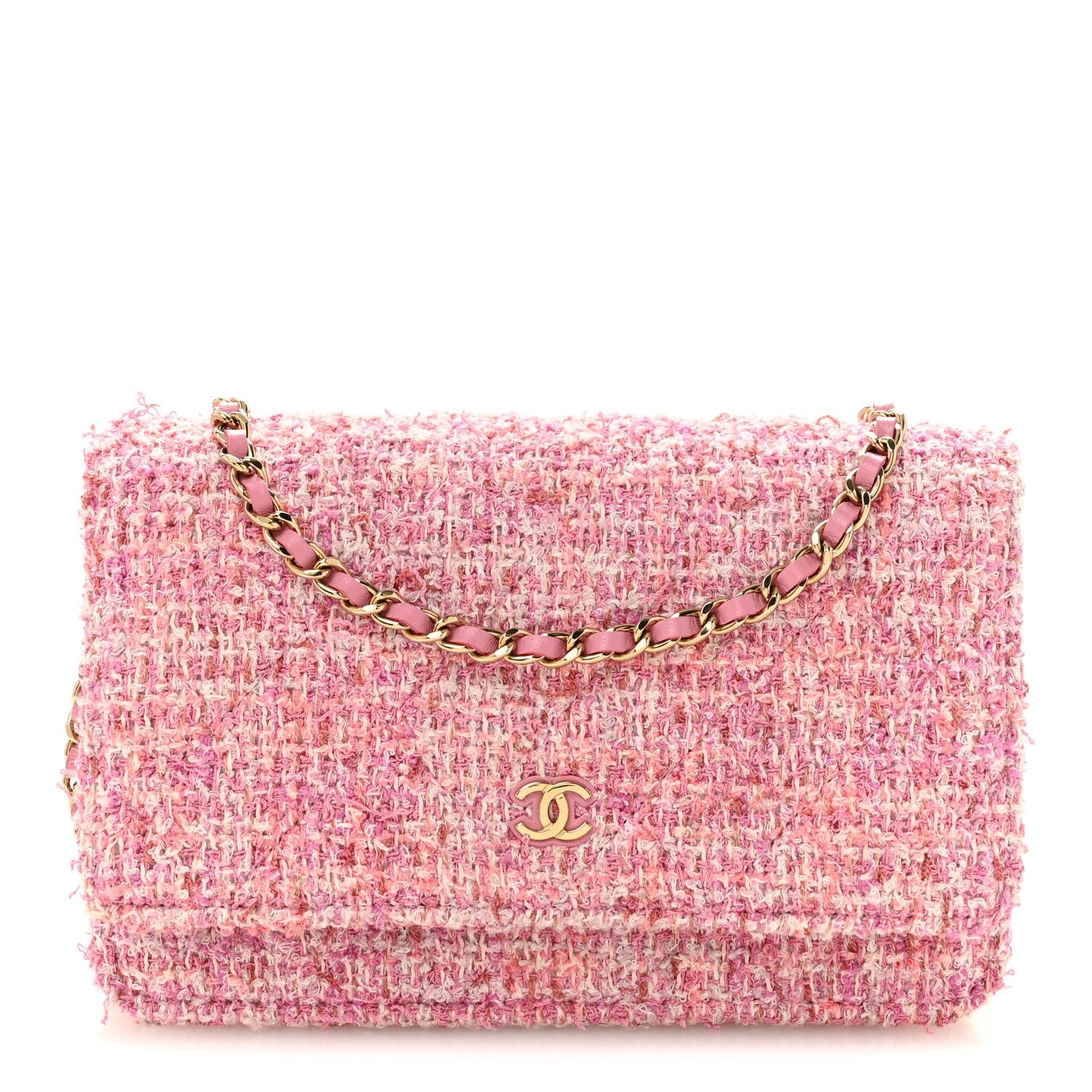 Chanel Tweed Quilted Wallet On Chain WOC Pink