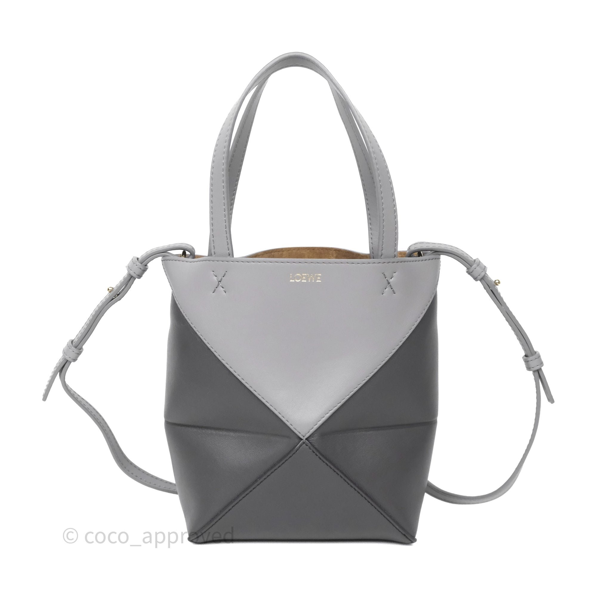 Loewe Mini Puzzle Fold Tote Grey/ Light Grey Shiny Calfskin Gold Hardware