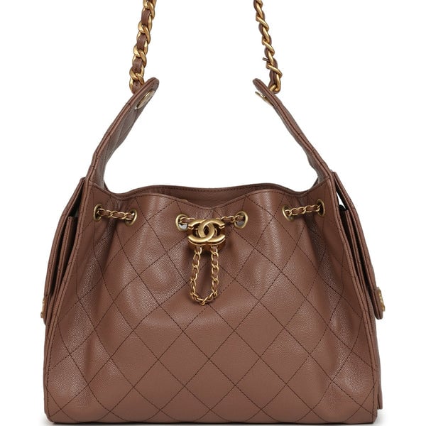 Chanel Small 25 Hobo Bag Brown Caviar Antique Gold Hardware