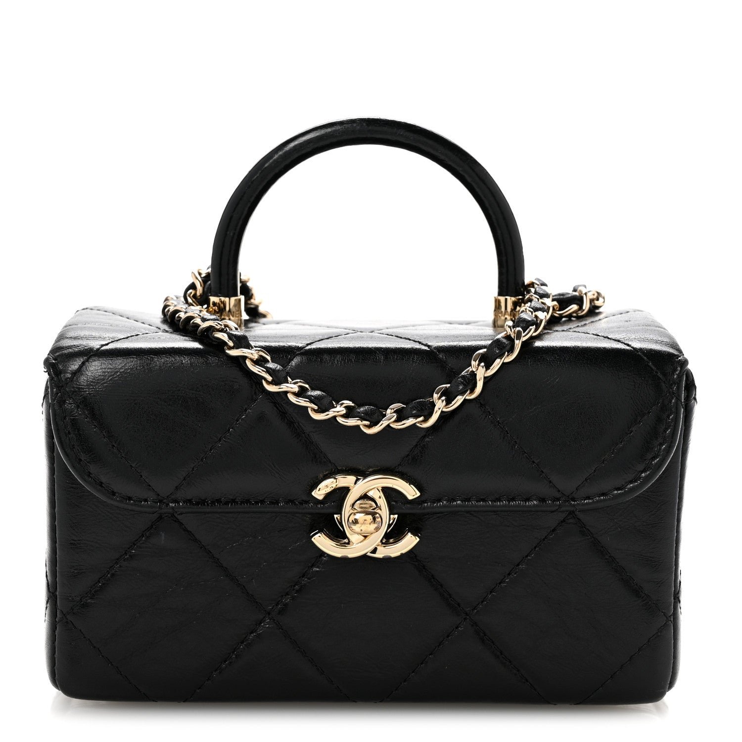 Chanel Shiny Calfskin Quilted Top Handle Box Bag Black