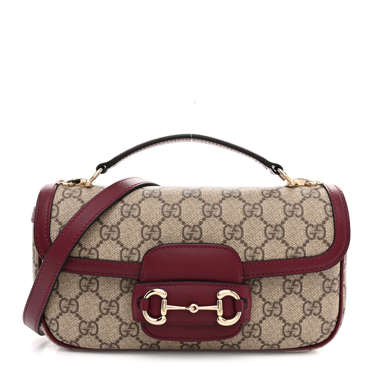 Gucci GG Supreme Monogram Horsebit 1955 Small Soft Top Handle Shoulder Bag Beige Dark Red