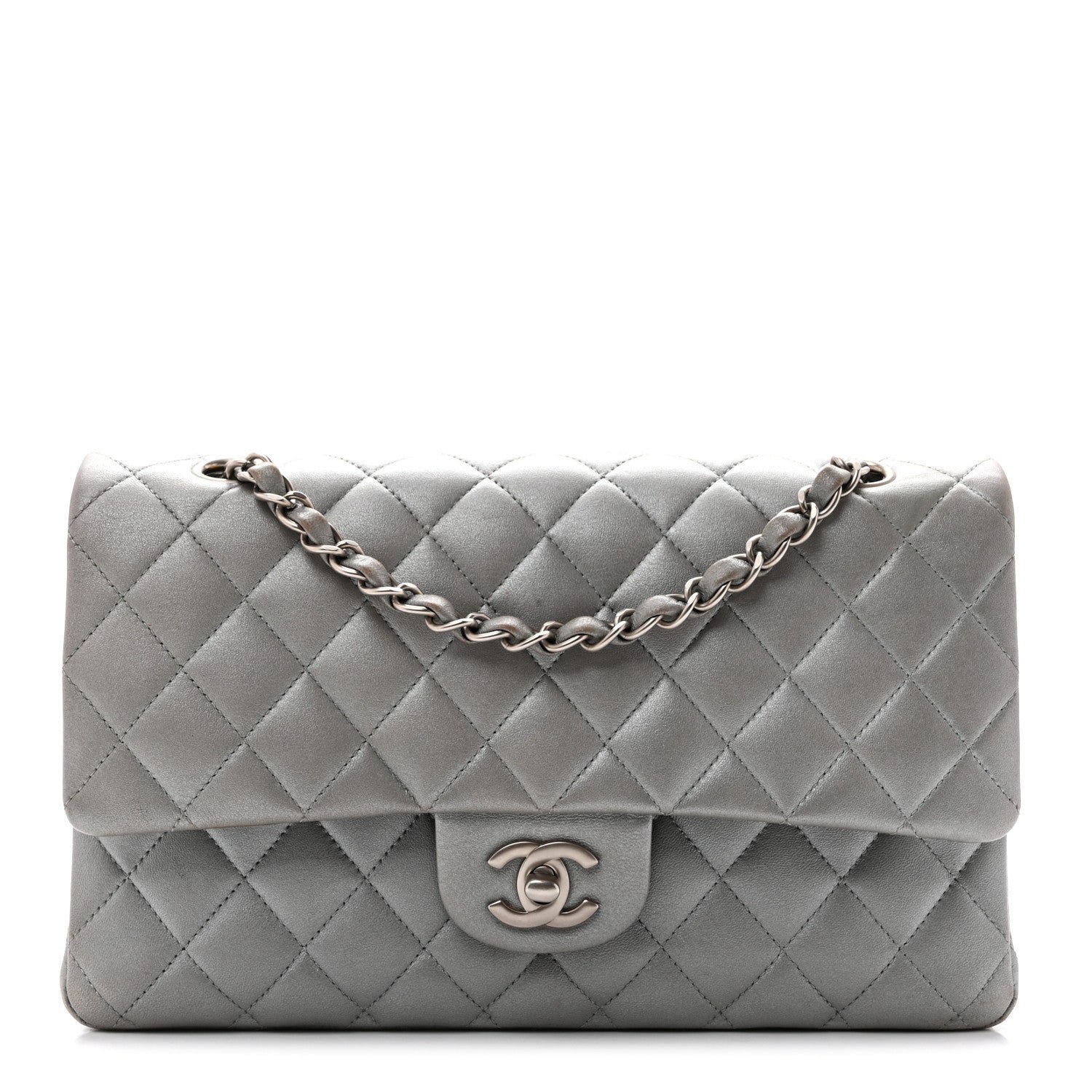 Chanel Metallic Lambskin Quilted Medium Double Flap Silver