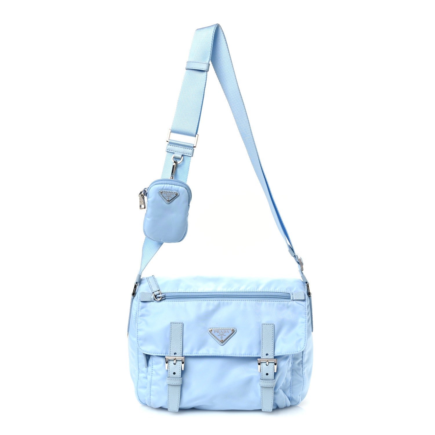 Prada Re-Nylon Vela Saffiano Pocket Double Buckle Messenger Shoulder Bag Celeste