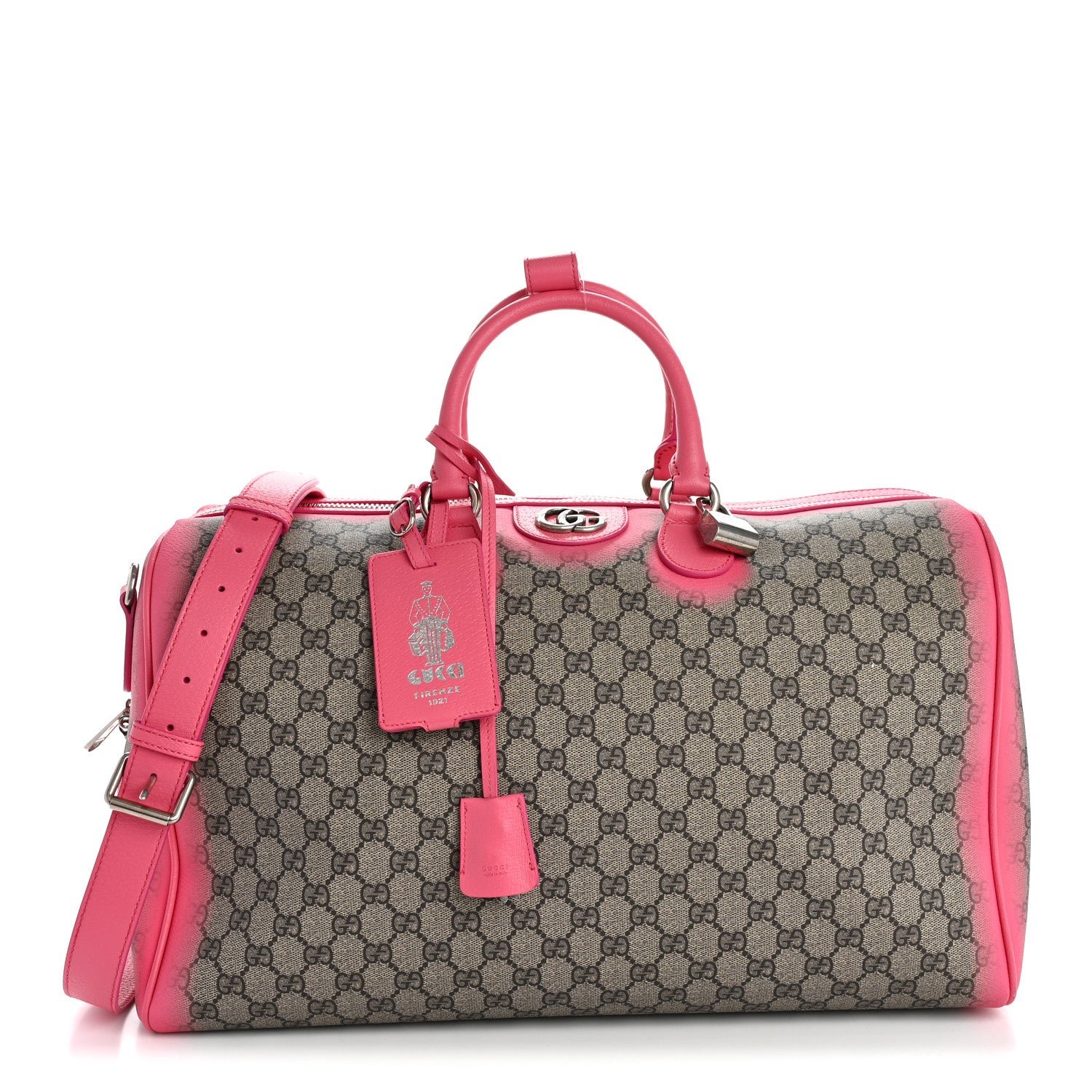 Gucci GG Supreme Monogram Textured Dollar Calfskin Airbrushed Medium Savoy Duffle Bag Pink Beige