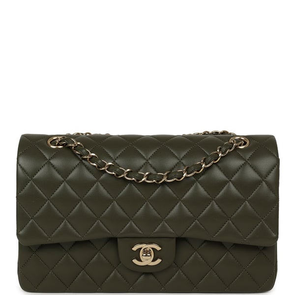 Pre-owned Chanel Medium Classic Double Flap Bag Khaki Lambskin Gold Hardware
