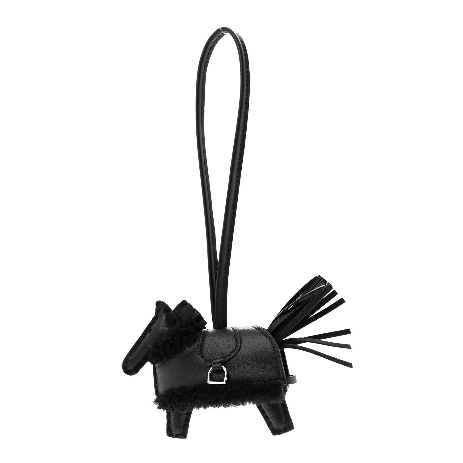 Hermes Milo Lambskin Merinos Wool Grigri Rodeo Robeo Plush Bag Charm PM Black