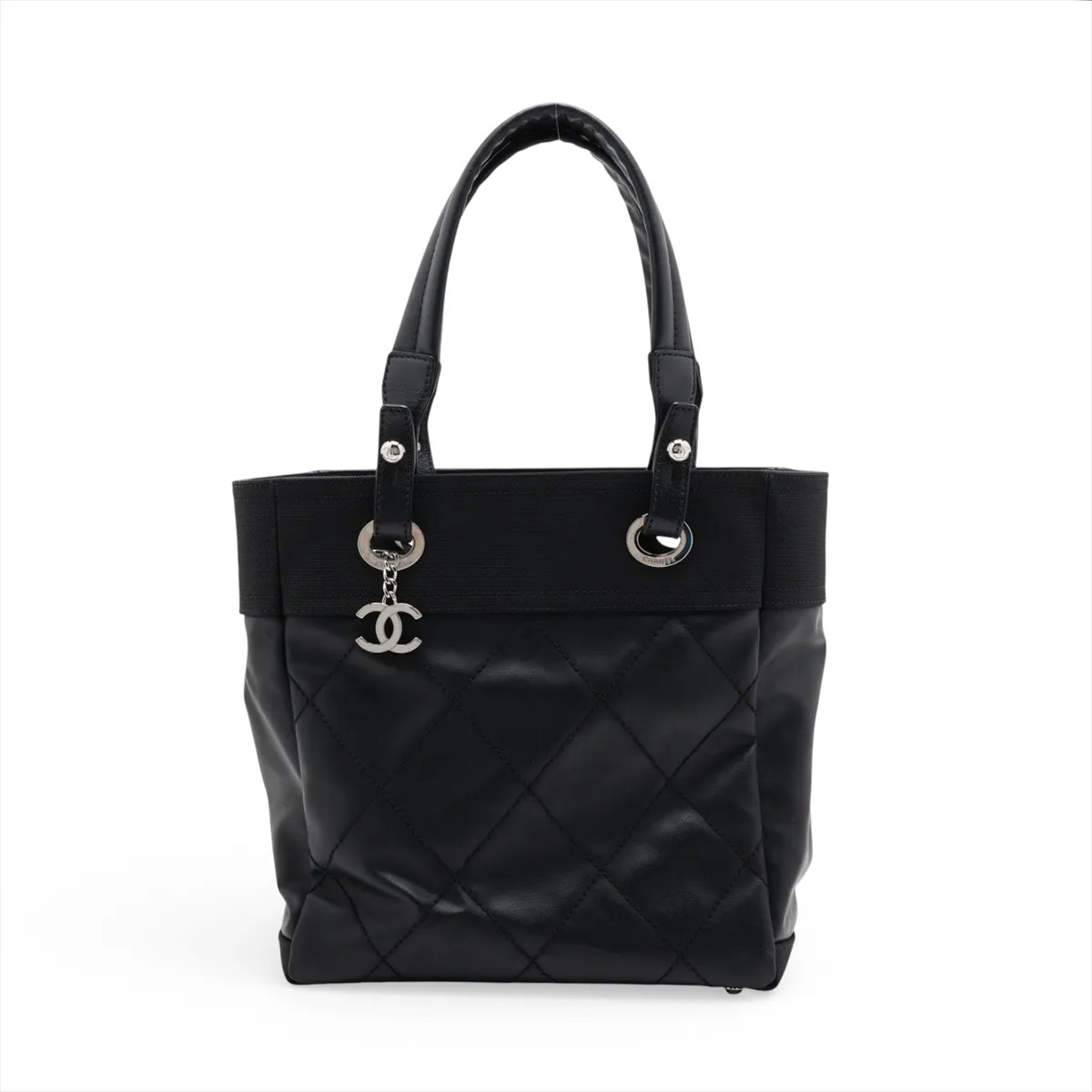 Chanel Paris Biarritz PM Coating canvas Tote bag Black Silver Metal Fittings 17X