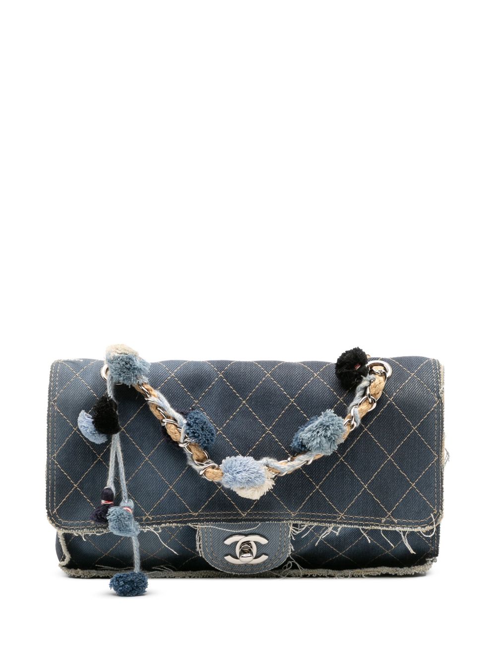 2014-2015 Paris Dubai Medium Quilted Denim Pompom Flap shoulder bag