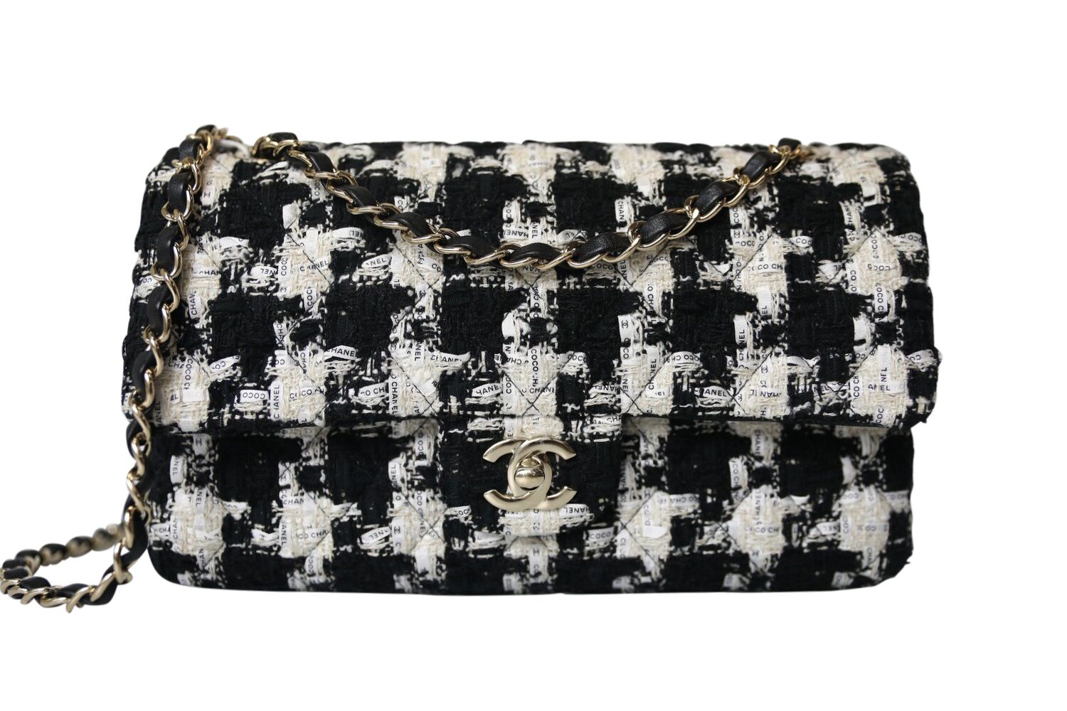 Chanel Classic Mini Rectangular Single Flap, Black and White Ribbon Tweed with Gold Hardware, Preowned in Dustbag MA001