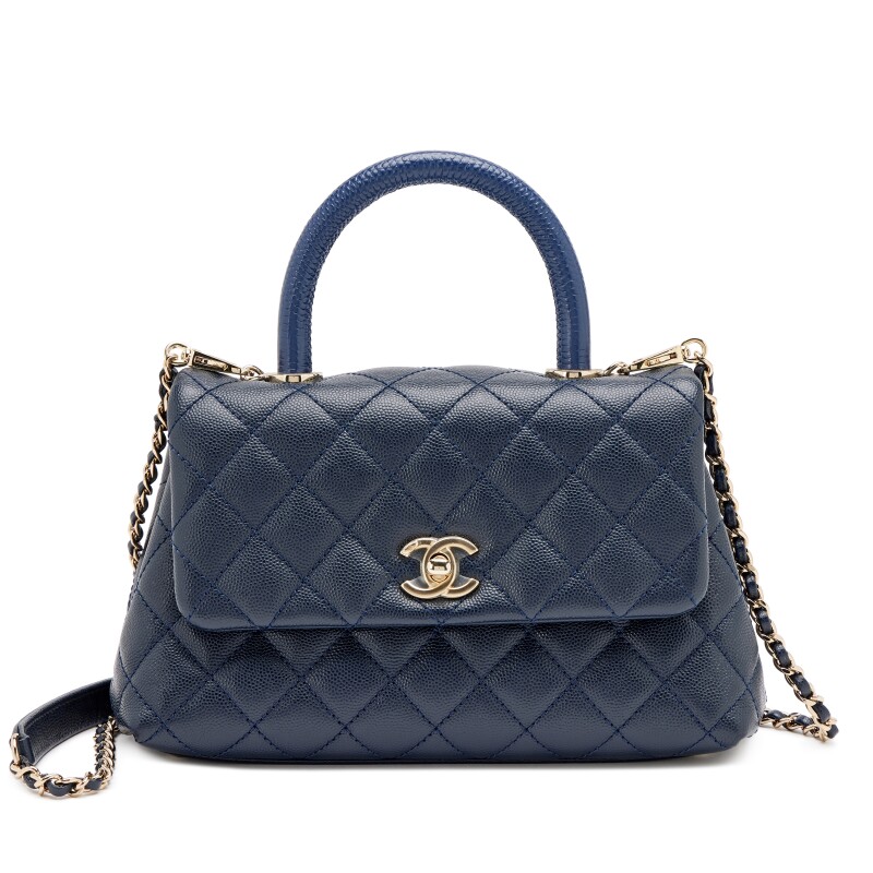 Navy Blue Quilted Caviar Lizard Embossed Mini Coco Top Handle Flap Bag Gold Hardware, 2021