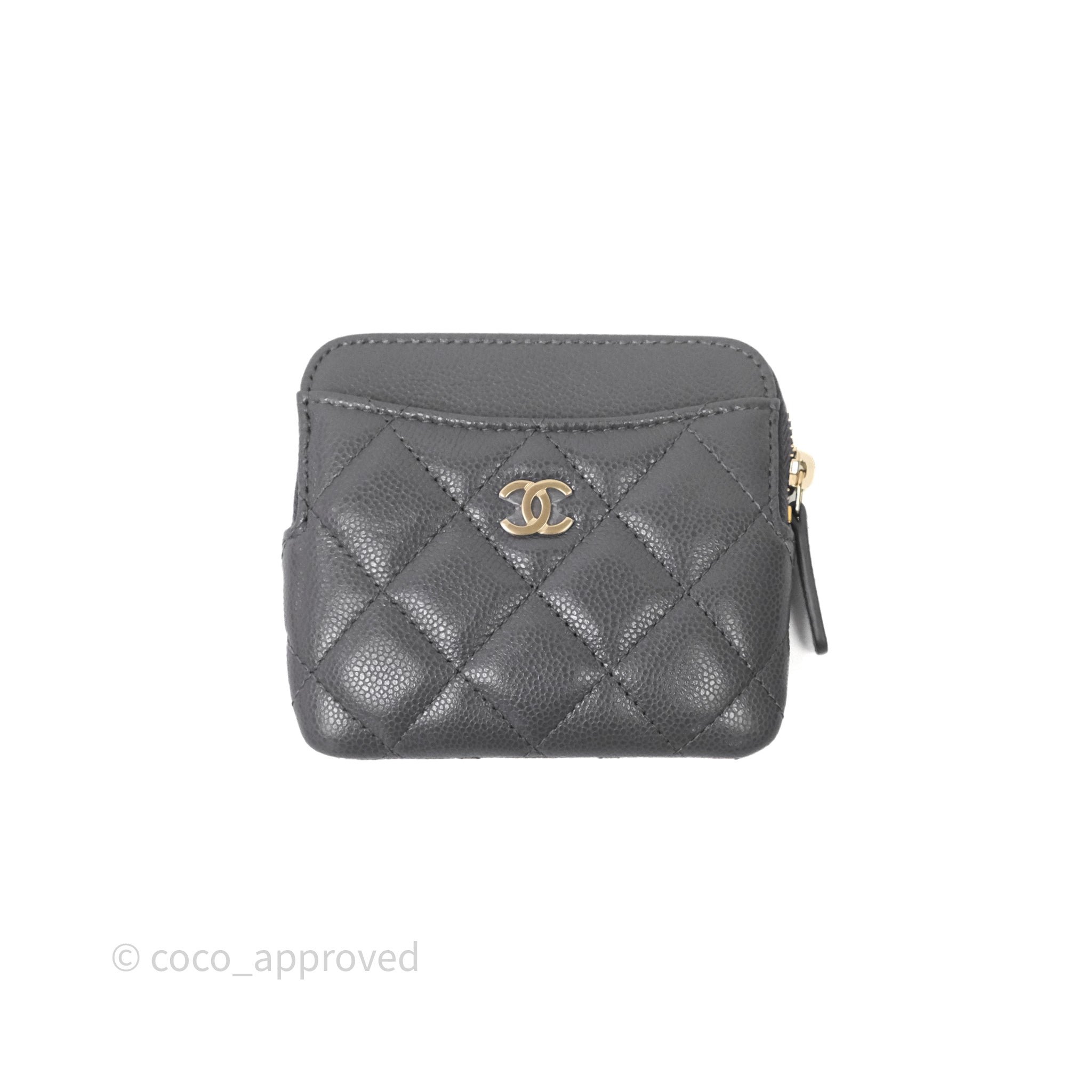 Chanel Quilted Classic Zip Card Holder Wallet Grey Caviar Gold Hardware