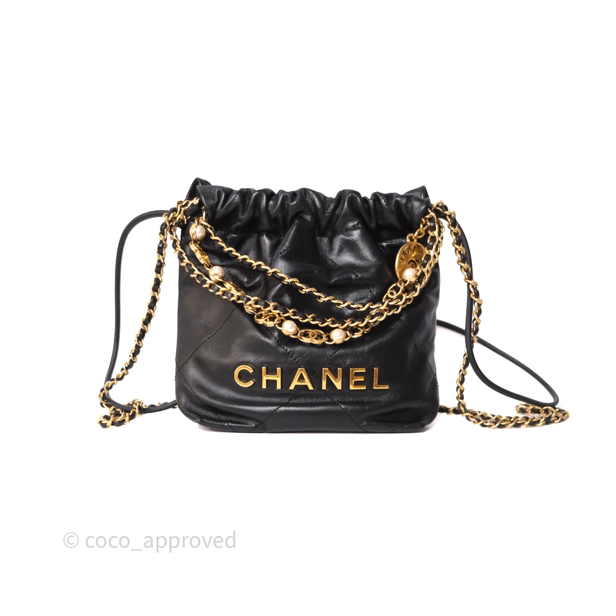 Chanel 22 Mini Bag with Pearl Chain Black Shiny Crumpled Calfskin