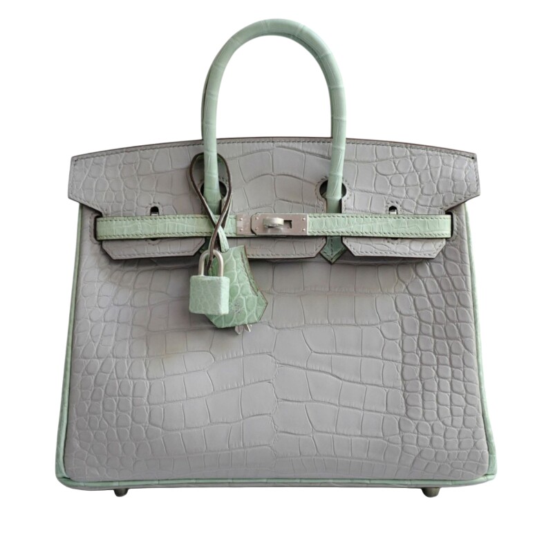 Hermes Vert D'eau and Gris Perle Matte Crocodile HSS Birkin 25 Brushed Palladium Hardware, 2022