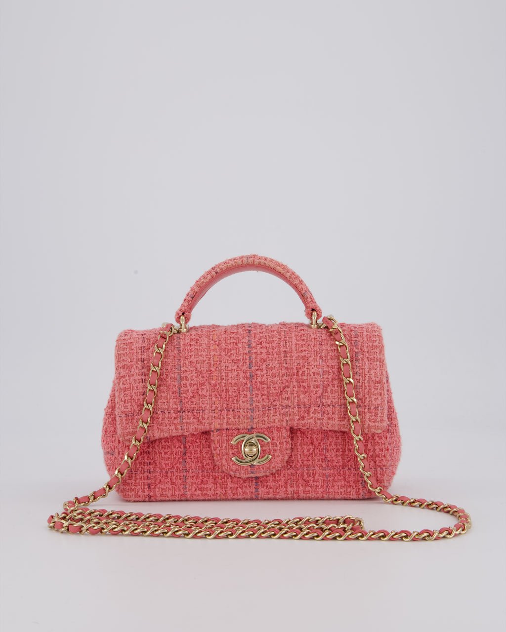 Chanel Pink Tweed Mini Rectangular Top Handle Flap Bag with Champagne Hardware