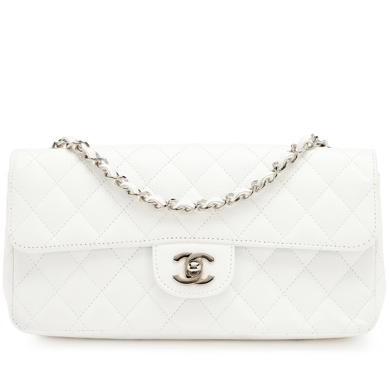 White Quilted Caviar East West Classic Flap Bag Silver Hardware, 2005-2006