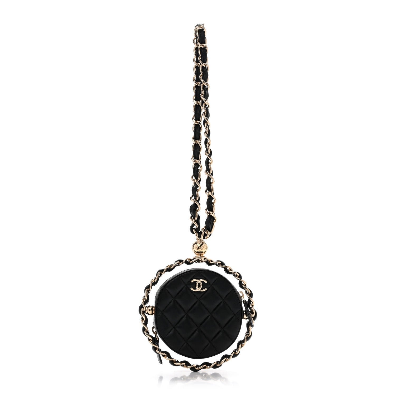 Chanel Lambskin Quilted Chain Round Mini Clutch Black