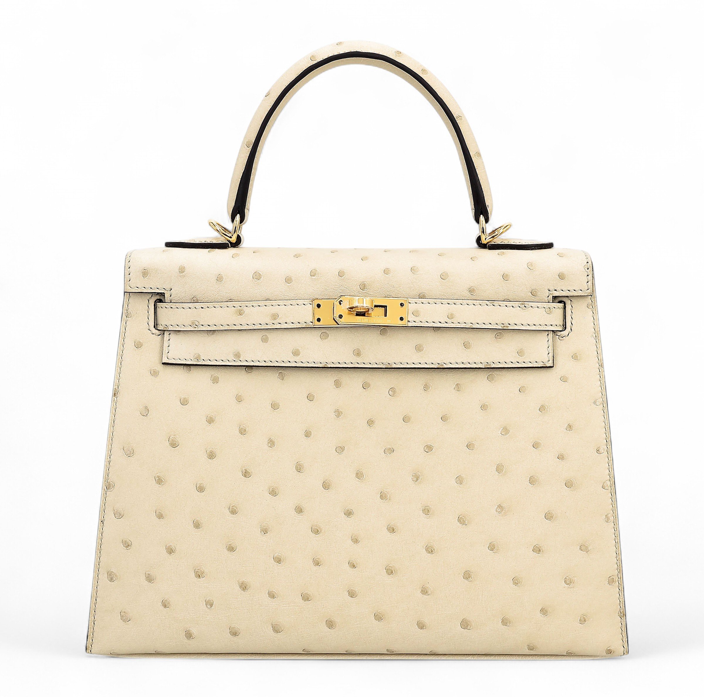 Hermes Unused ( Rank NS ) HERMÈS Kelly 25 Sellier Parchemin (3C) Ostrich Gold hardware U (2022)