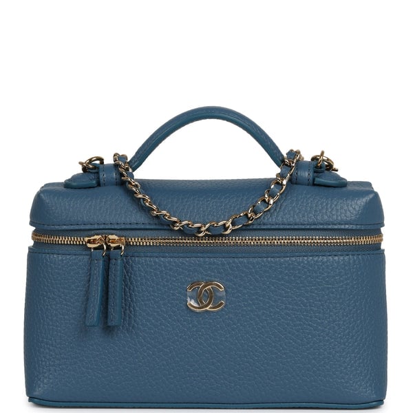 Chanel "Supple" Top Handle Long Vanity Case with Chain  Dark Blue Grained Calfskin Gold Hardware