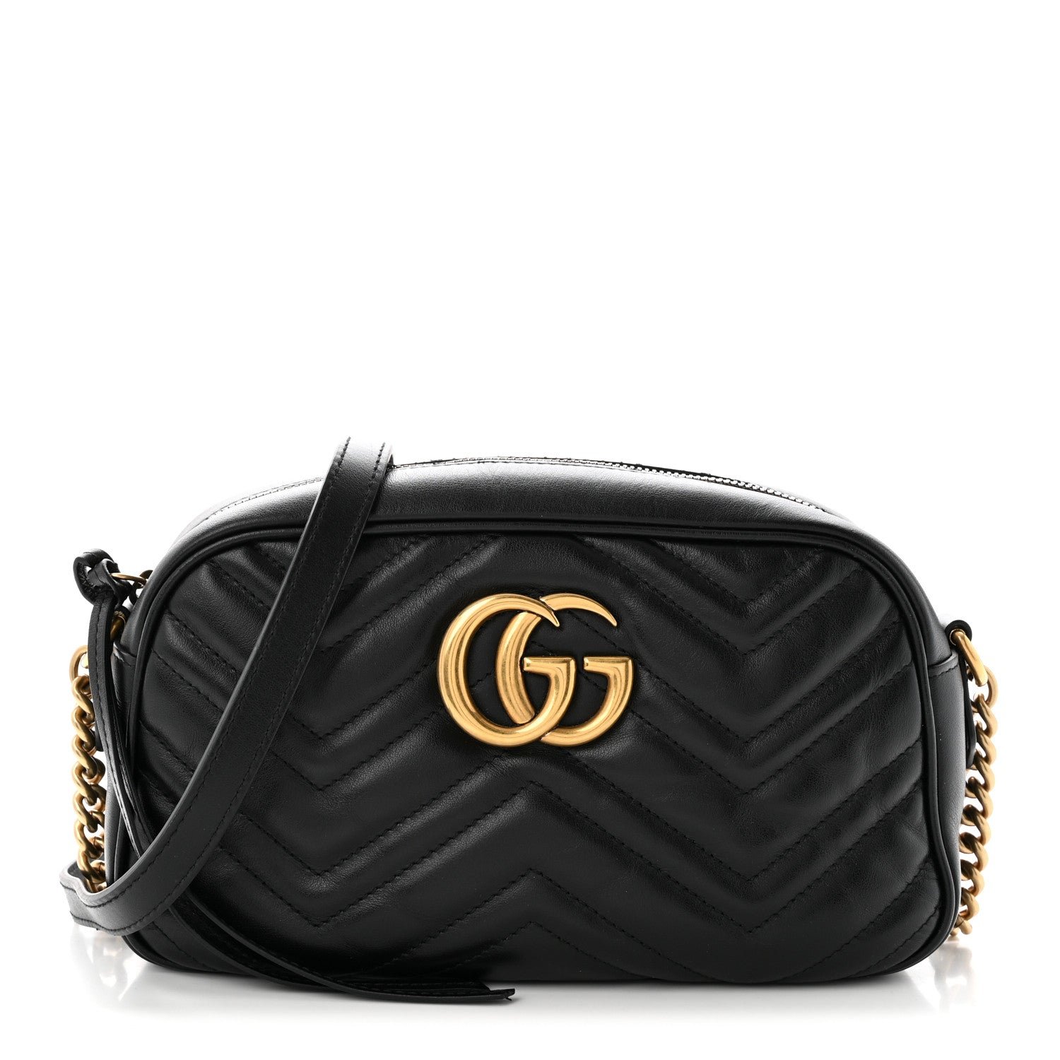 Gucci Calfskin Matelasse Small GG Marmont Chain Shoulder Bag Black Black