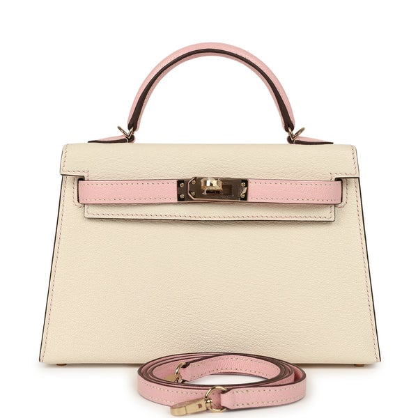 Hermes Special Order (HSS) Kelly Sellier 20 Craie, Rose Sakura Chevre Mysore Permabrass Hardware