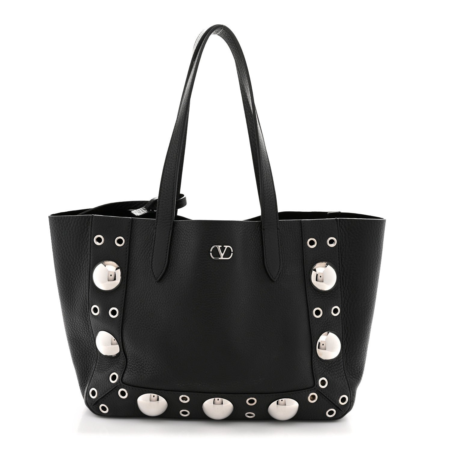 Valentino Garavani Grainy Calfskin Studded Small Nellcote Shopping Tote Black