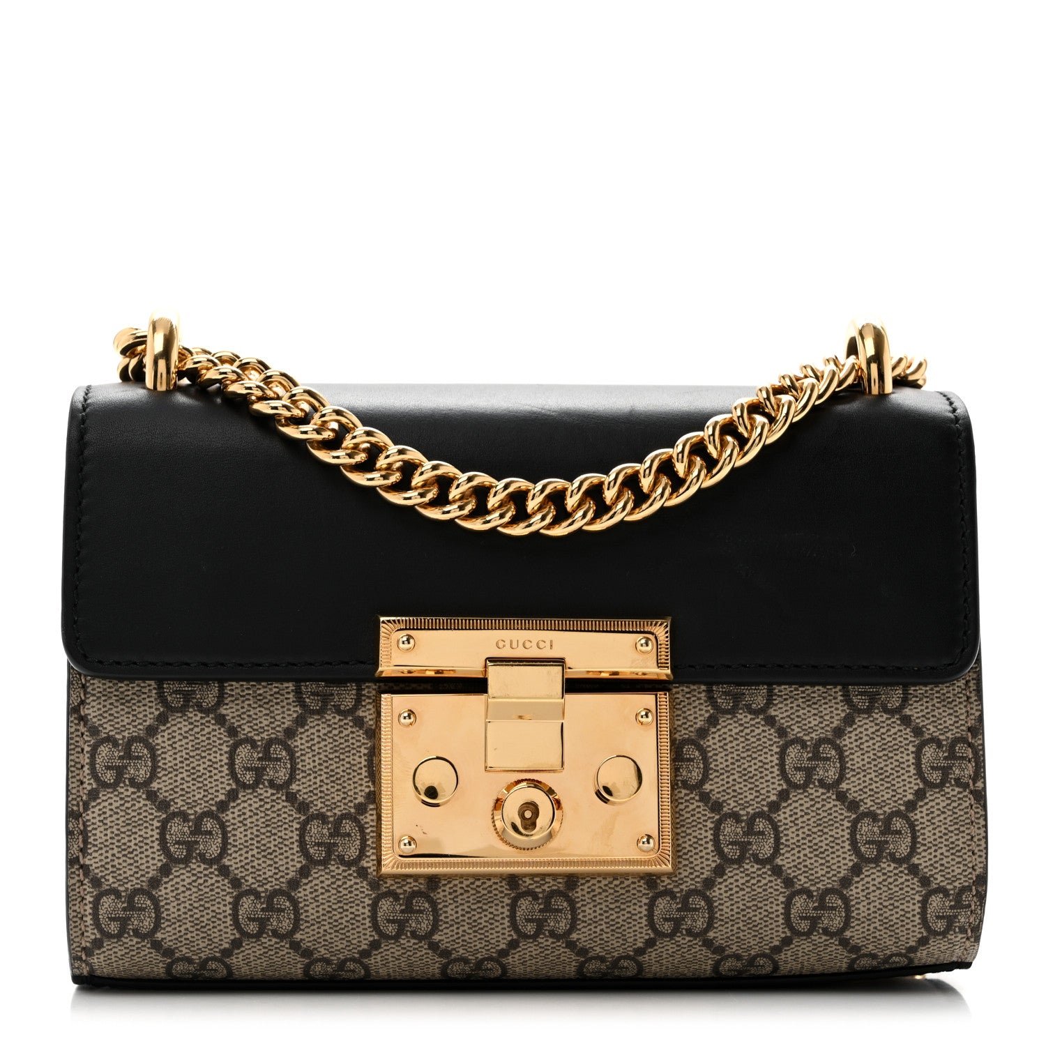 Gucci GG Supreme Monogram Calfskin Small Padlock Shoulder Bag Beige Black Cuir