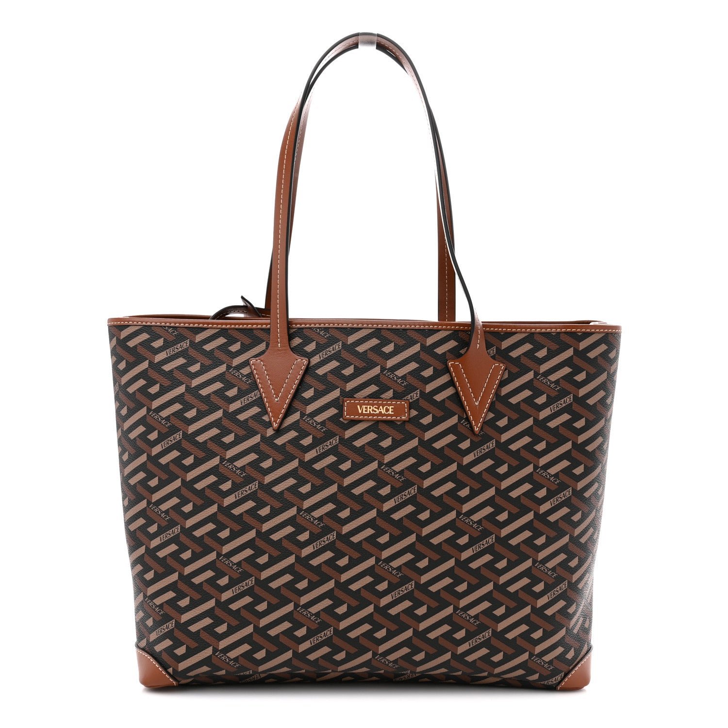 Versace Coated Canvas Calfskin La Greca Signature Shopper Tote Bag Black Caramel