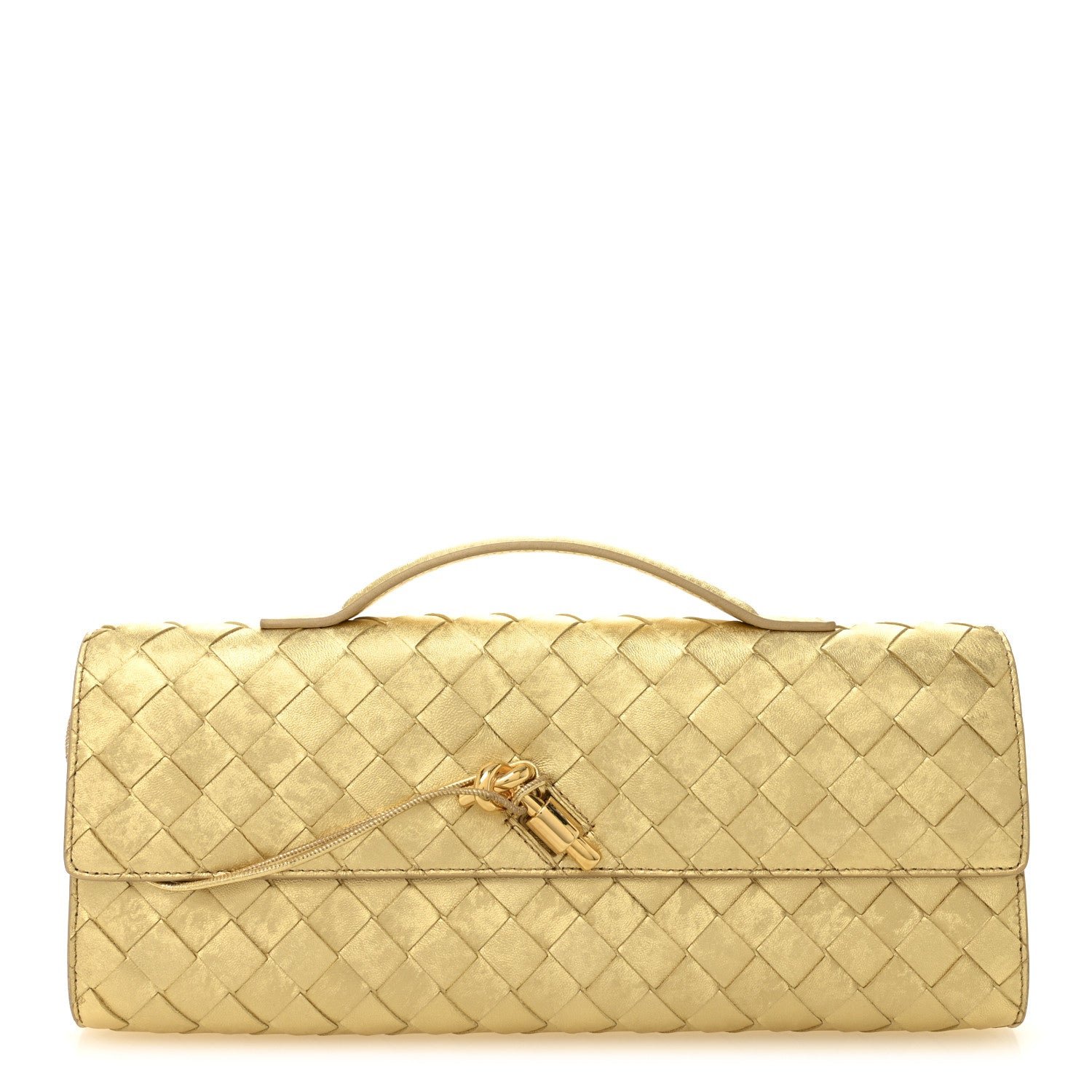 Bottega Veneta Metallic Satin Lambskin Intrecciato Long Andiamo Top Handle Clutch Gold