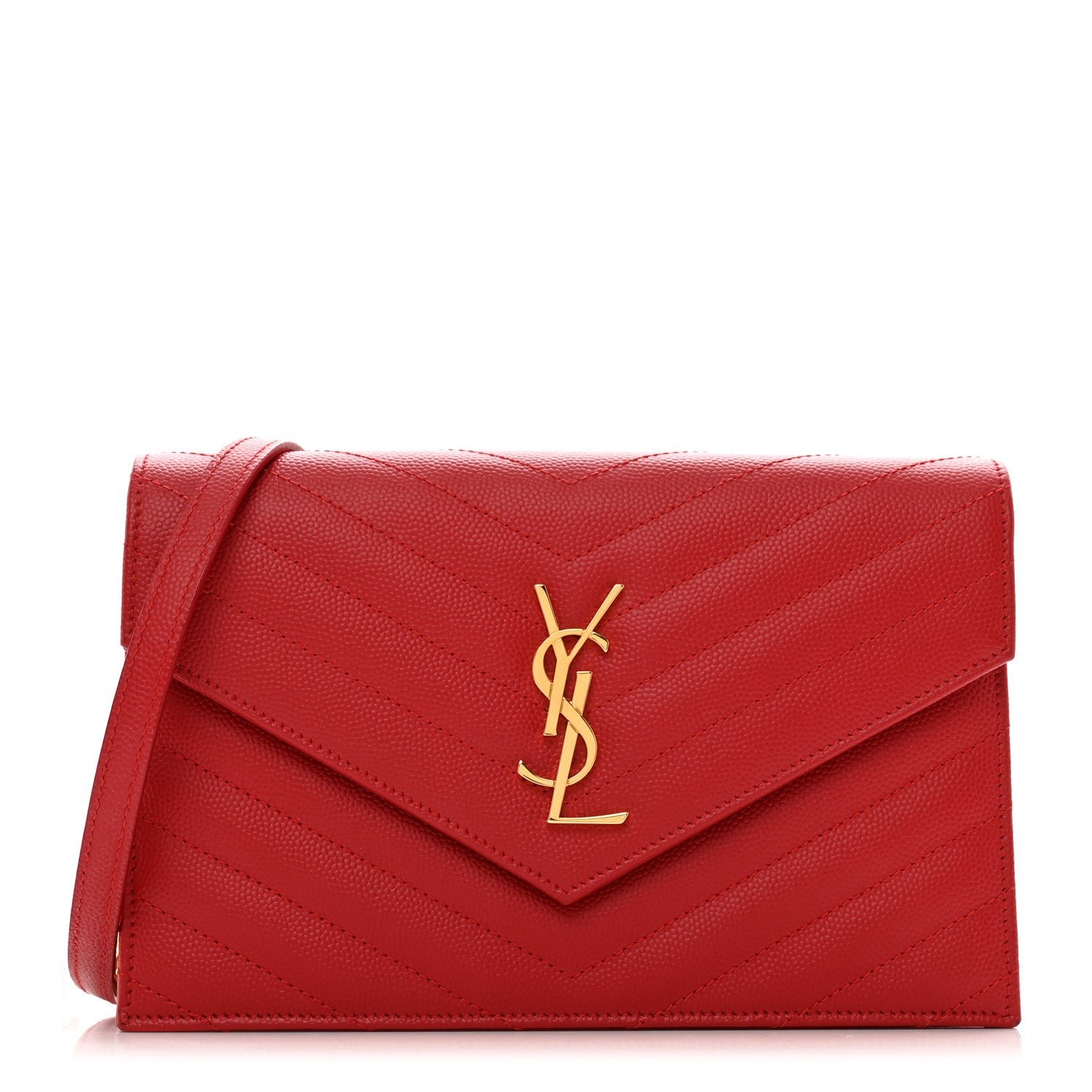 Saint Laurent Grain De Poudre Matelasse Chevron Monogram Envelope Chain Wallet New Red