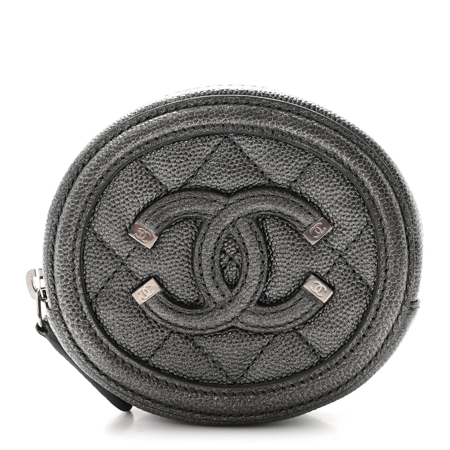 Chanel Metallic Caviar Quilted Filigree Zip Around Classic Coin Purse Dark Silver