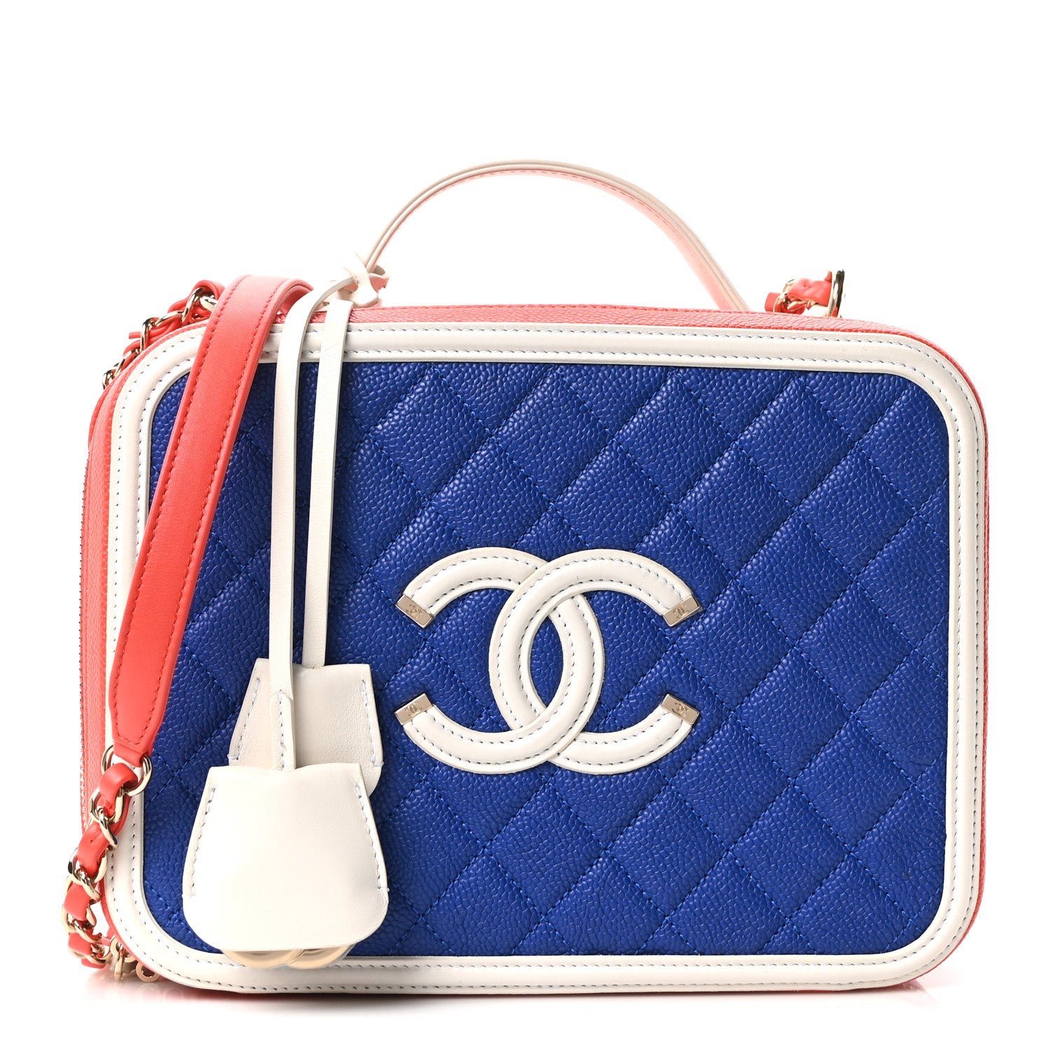 Chanel Caviar Quilted Large CC Filigree Vanity Case Blue White Red