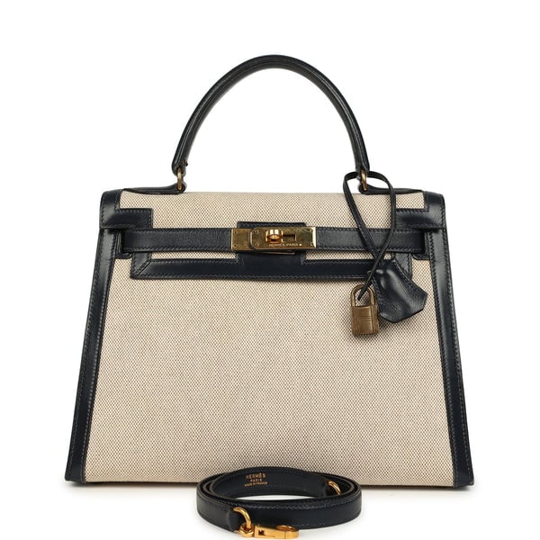 Hermes Vintage Hermes Kelly Sellier 28 Bleu Marine Box and Beige-Ecru Toile H Canvas Gold Hardware