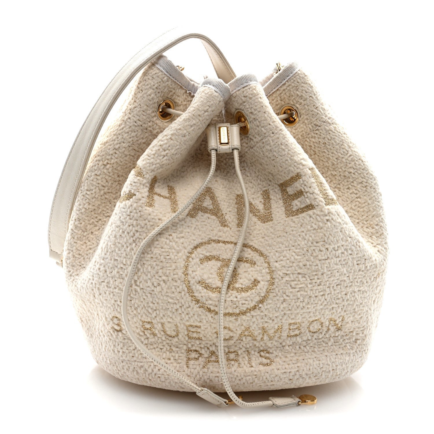 Chanel Lurex Boucle Deauville Drawstring Bucket Bag Ivory