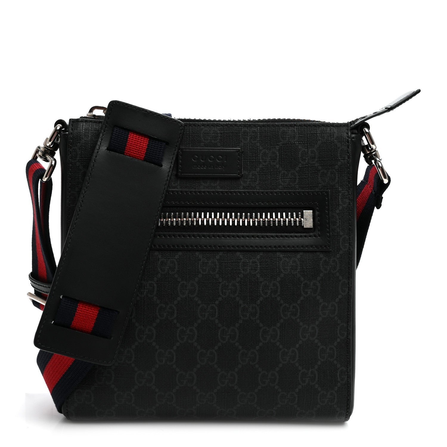 Gucci GG Supreme Monogram Web Small Flat Messenger Bag Black Grey