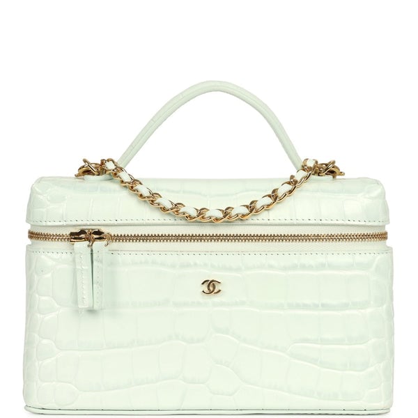 Chanel Top Handle Long Vanity Case with Chain Mint Croc Embossed Calfskin Gold Hardware