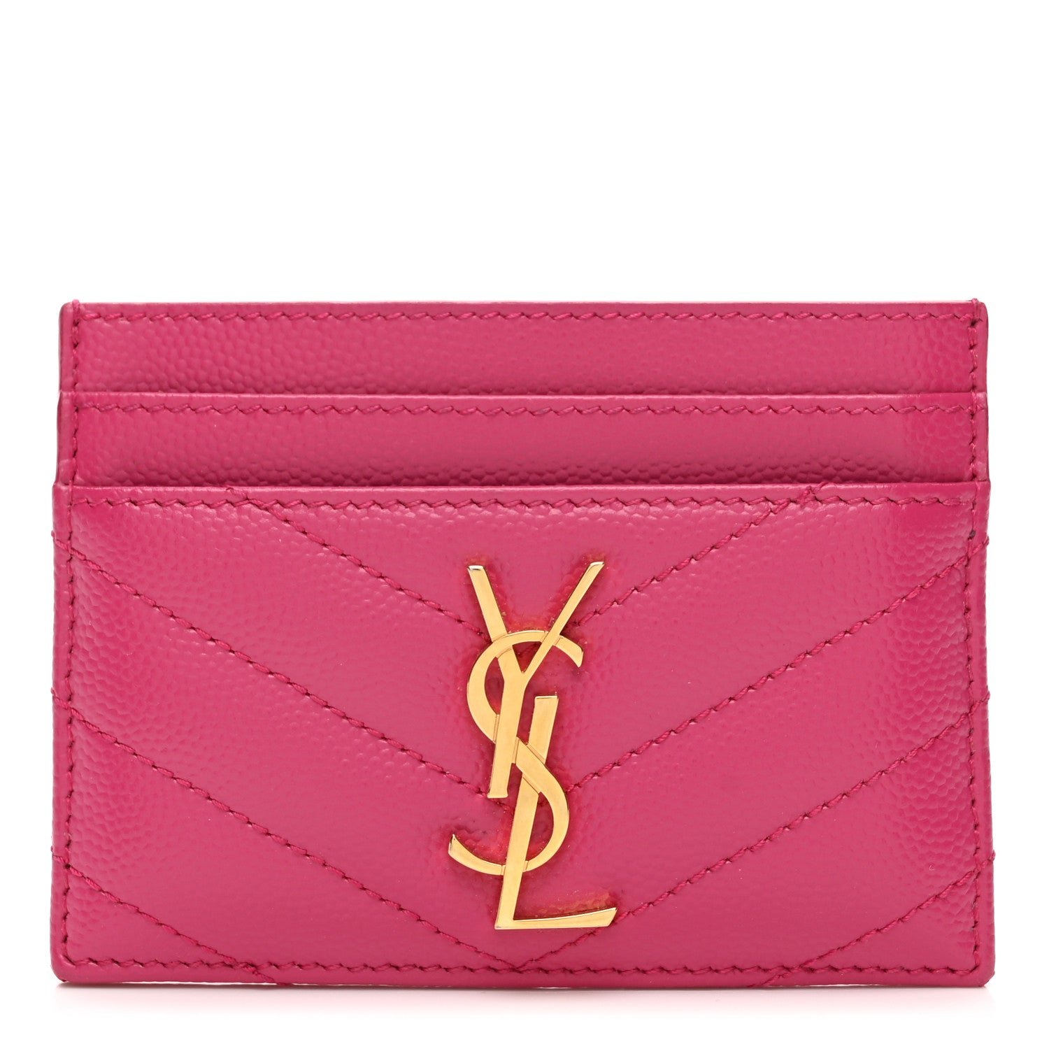 Saint Laurent Grain De Poudre Matelasse Chevron Monogram Credit Card Case Fresh Fuxia
