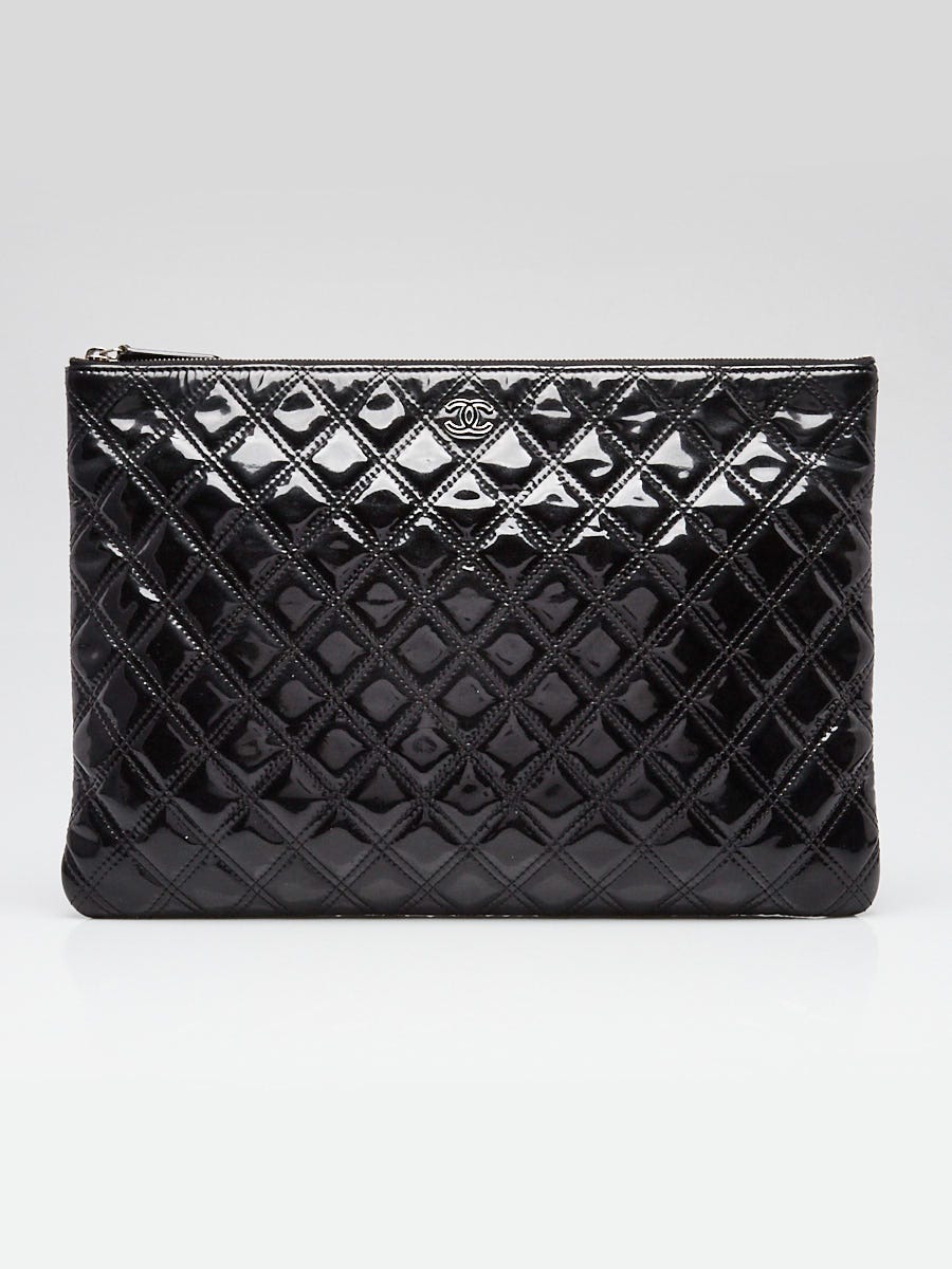 Chanel Black Quilted Patent Leather Classic O-Case Zip Large Pouch