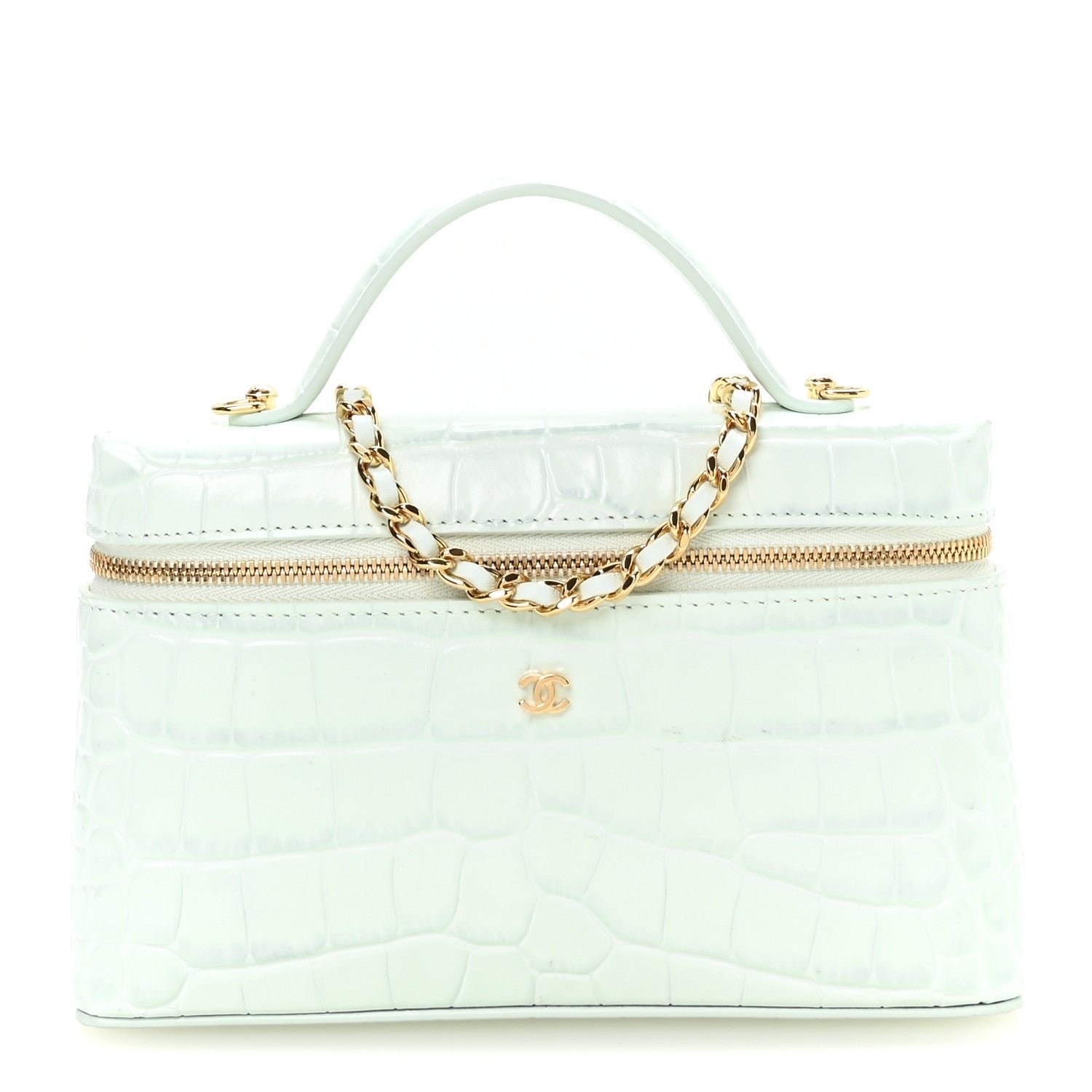 Chanel Calfskin Crocodile Embossed Crococo Top Handle Slim Vanity Case With Chain Light Blue