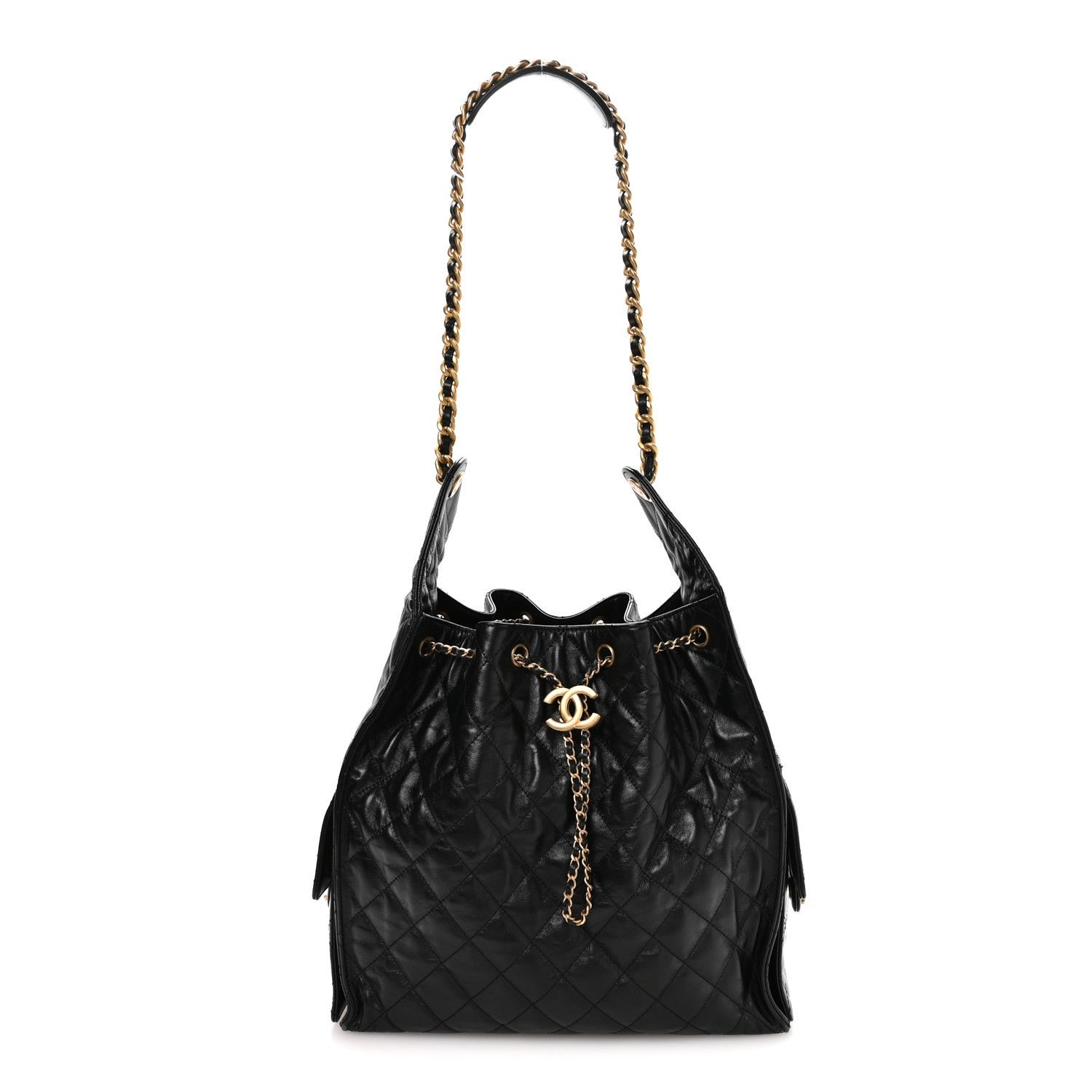Chanel Shiny Crumpled Calfskin Quilted Medium Chanel 25 Handbag Black