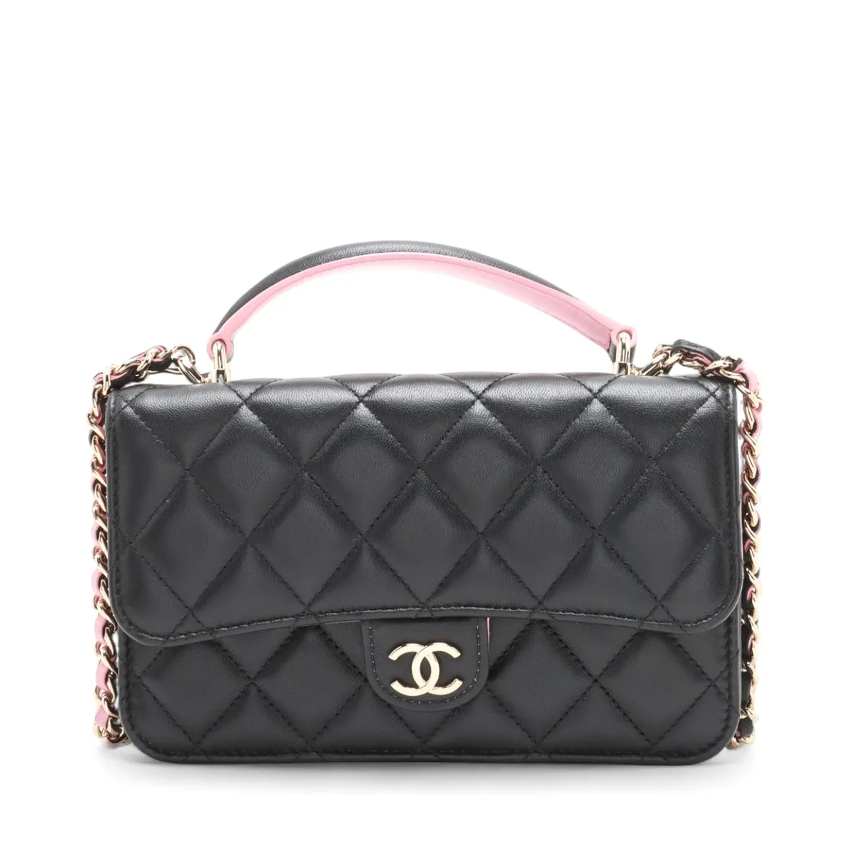 Chanel Matelasse Lambskin 2 Way Handbag Top Handle Black x pink Gold Metal Fitti