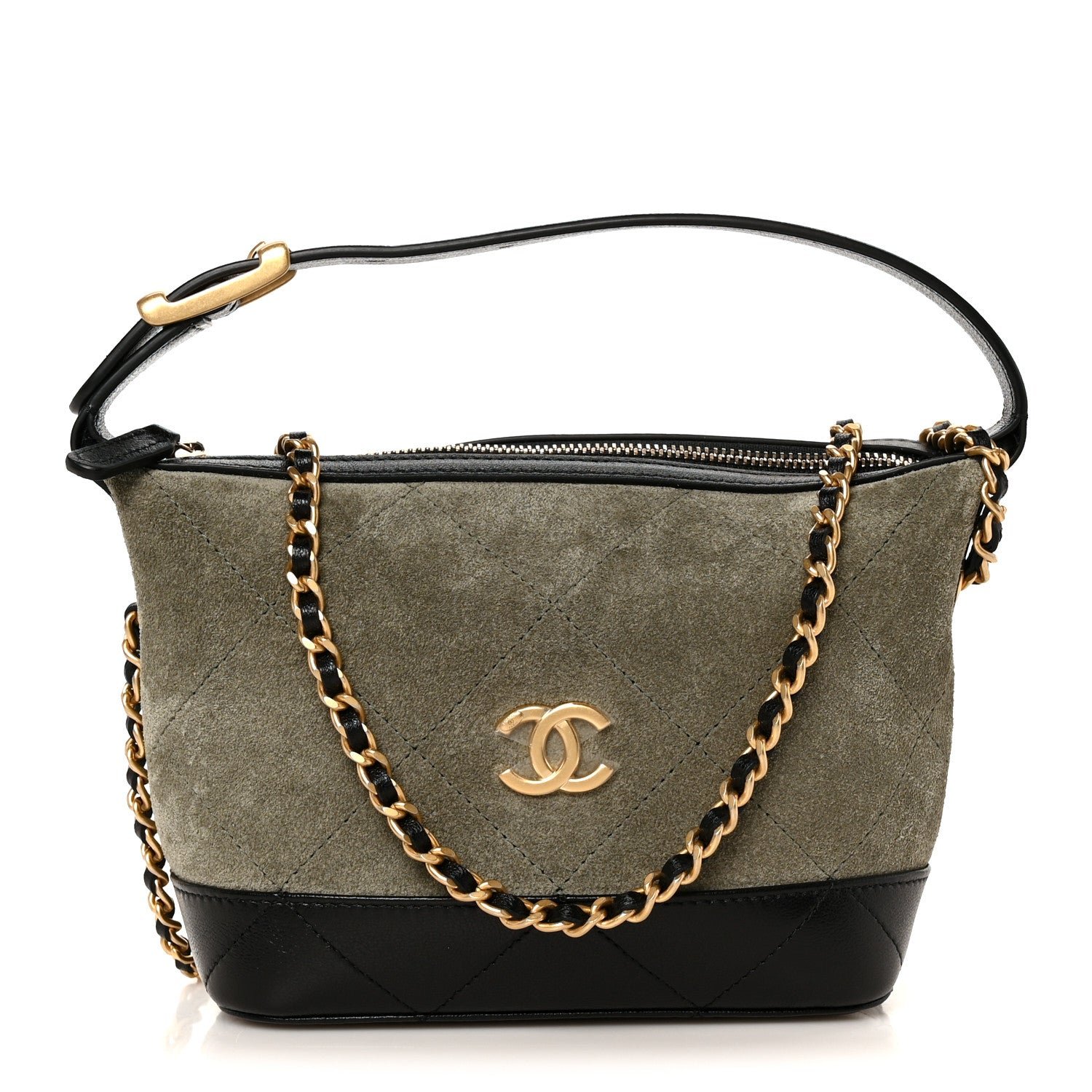Chanel Suede Calfskin Shiny Lambskin Quilted Coco Base Hobo Clutch With Chain Khaki Black