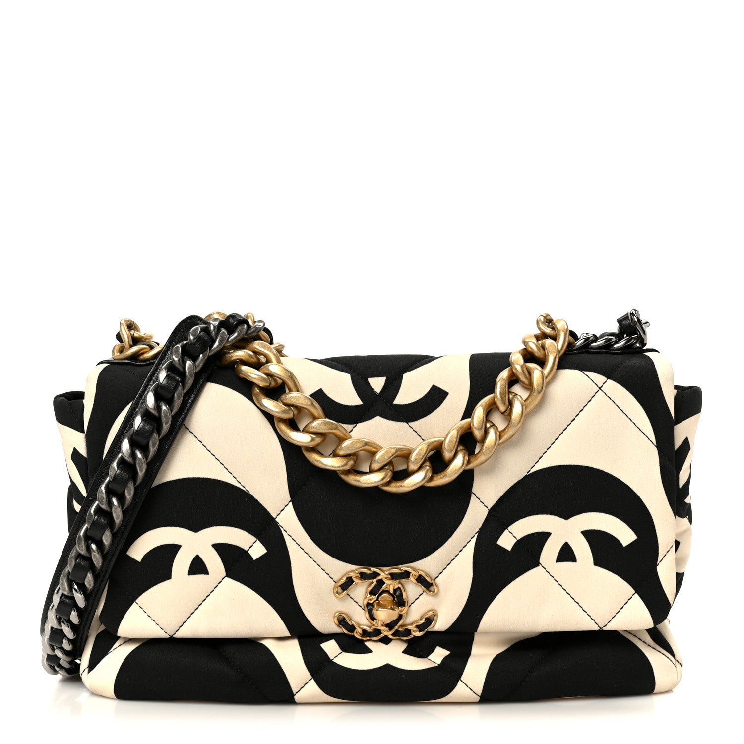 Chanel Fabric Printed Large Chanel 19 Flap Black Ecru