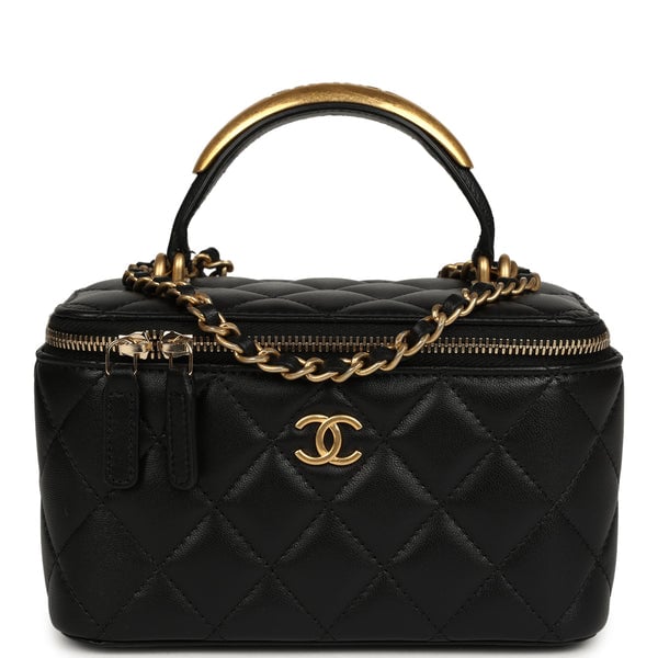 Chanel Small Top Handle Vanity Case with Chain Black Lambskin Antique Gold Hardware