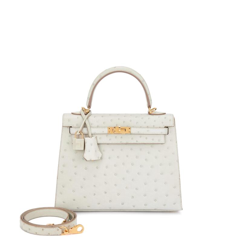Gris Perle Ostrich Kelly 25 Sellier Gold Hardware, 2023