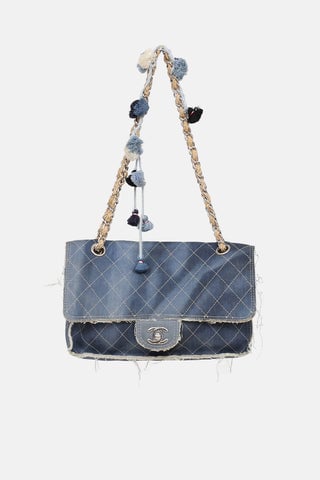 2015 Paris Dubai Medium Denim Pom-Pom Flap Bag