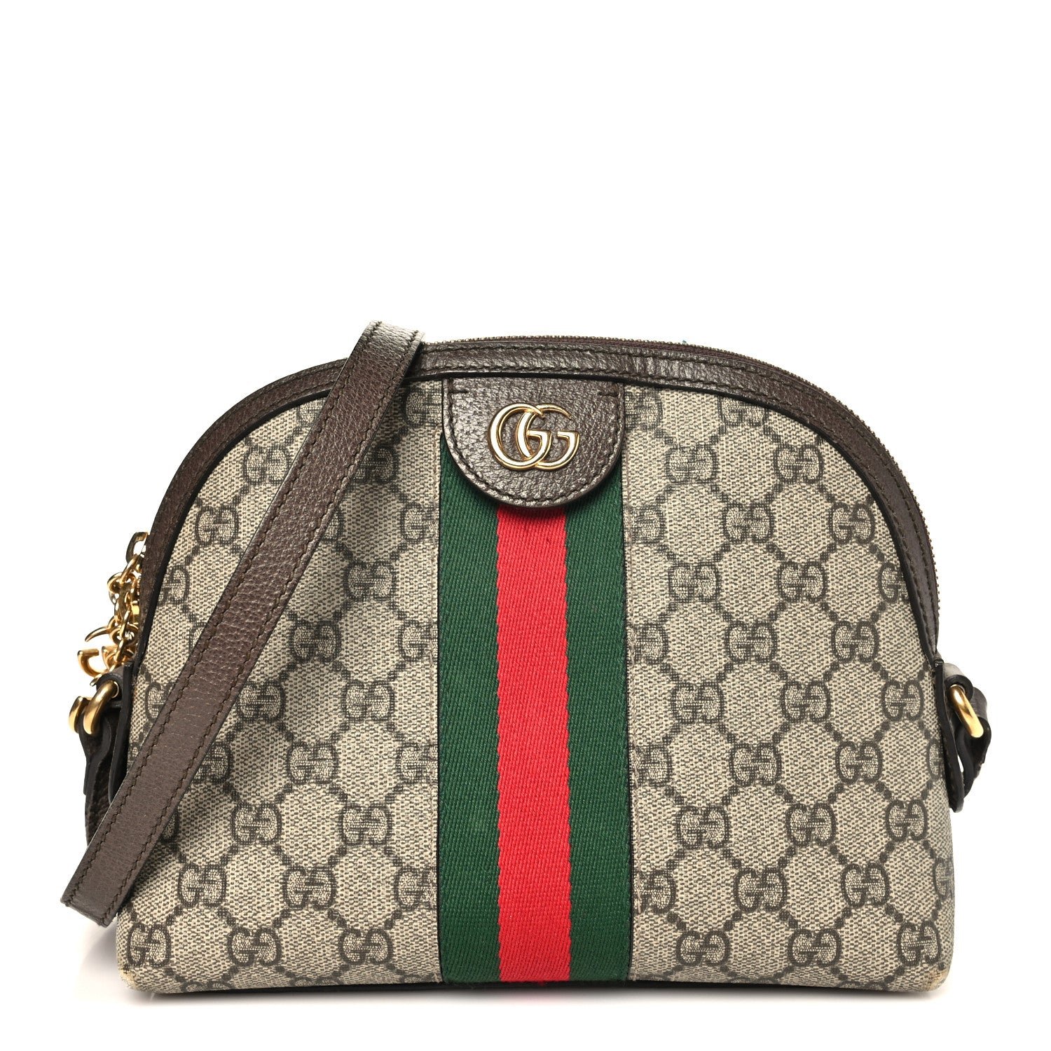 Gucci GG Supreme Monogram Textured Dollar Calfskin Web Small Ophidia Dome Shoulder Bag Beige Ebony New Acero